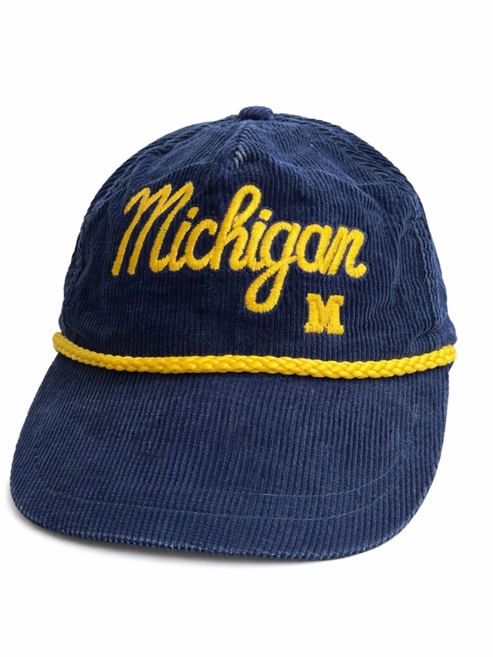 Vintage Michigan Wolverines Corduroy Snapback Hat Blue Yellow Script Logo